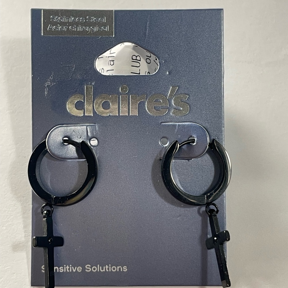 Mens Hypoallergenic Stainless Steel Black Dangle Cross Earrings Claires Luxe NWT